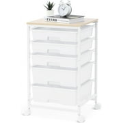 sdzkven Utility Cart with 5 Drawers Storage Drawer Cart with Wooden Tabletop and Lockable Wheels Craft Storage Trolley Cart 5-Tier Rolling Utility Cart on Wheels Bright White